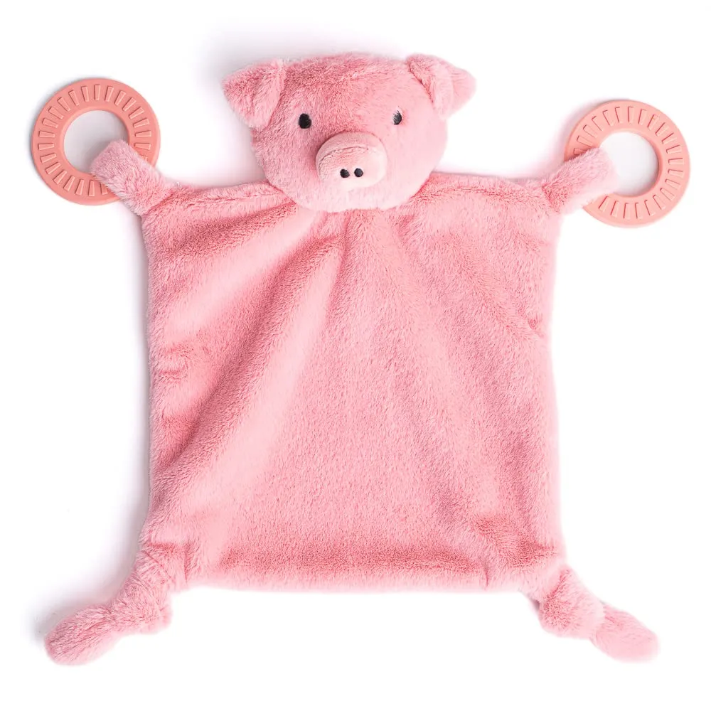 Bella Tunno Teether Buddy – Soft, Plush Baby Lovey with Textured Baby Teether Toy and Gentle Rattling Head, Comforts and Brings Teething Relief, Colorful Animal-Themed Baby Teething Toys (Pig)