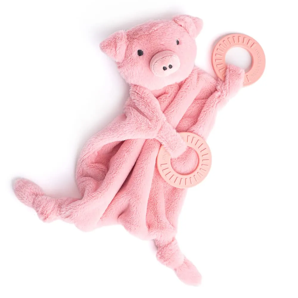Bella Tunno Teether Buddy – Soft, Plush Baby Lovey with Textured Baby Teether Toy and Gentle Rattling Head, Comforts and Brings Teething Relief, Colorful Animal-Themed Baby Teething Toys (Pig)