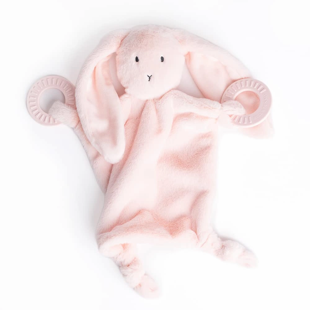 Bella Tunno Teether Buddy – Soft, Plush Baby Lovey with Textured Baby Teether Toy and Gentle Rattling Head, Comforts and Brings Teething Relief, Colorful Animal-Themed Baby Teething Toys (Bunny)