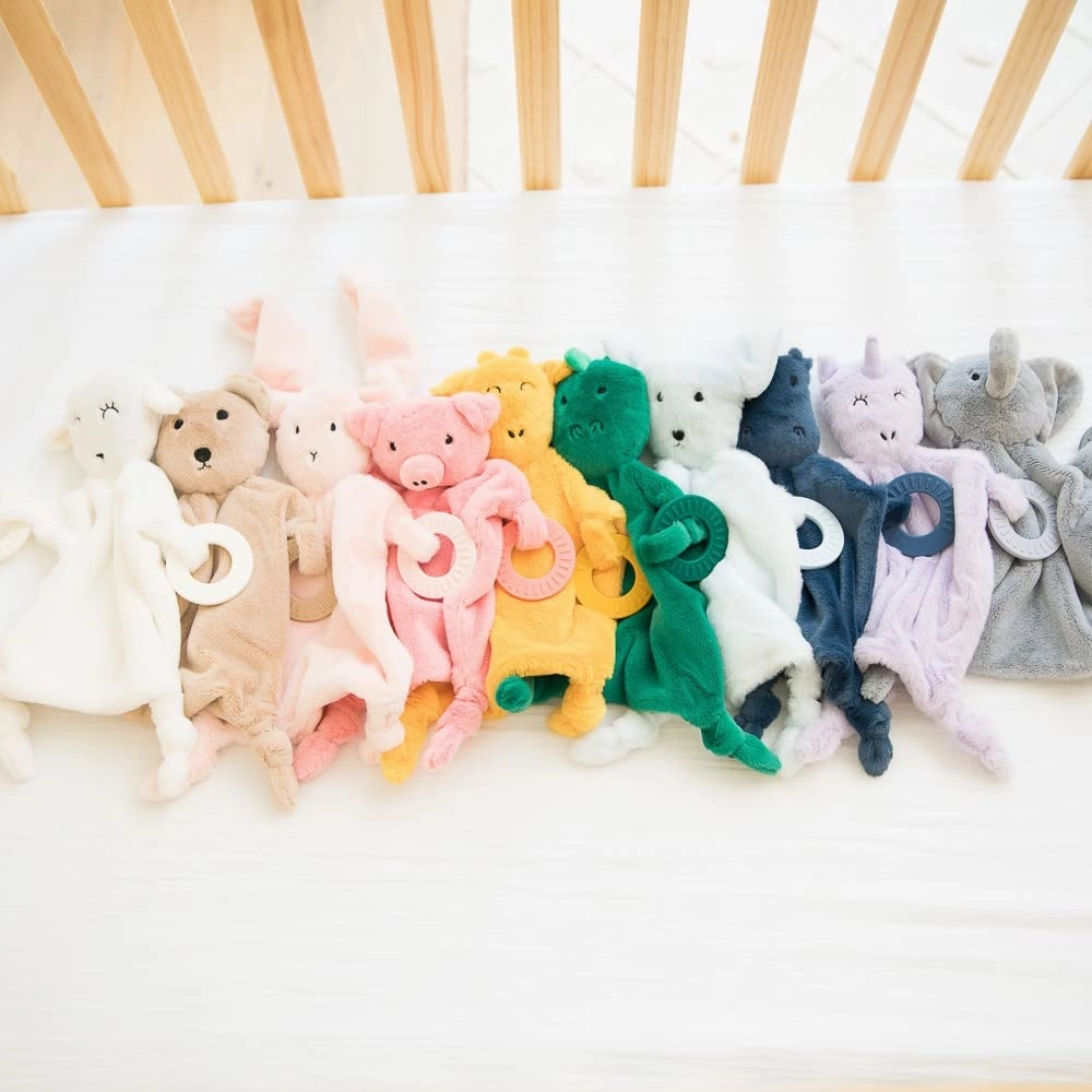 Bella Tunno Teether Buddy – Soft, Plush Baby Lovey with Textured Baby Teether Toy and Gentle Rattling Head, Comforts and Brings Teething Relief, Colorful Animal-Themed Baby Teething Toys (Bunny)