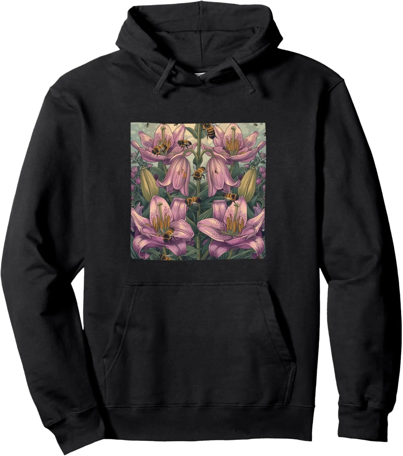 Belladonna Lily Flower Blooming With Bees Around Graphic Pullover Hoodie