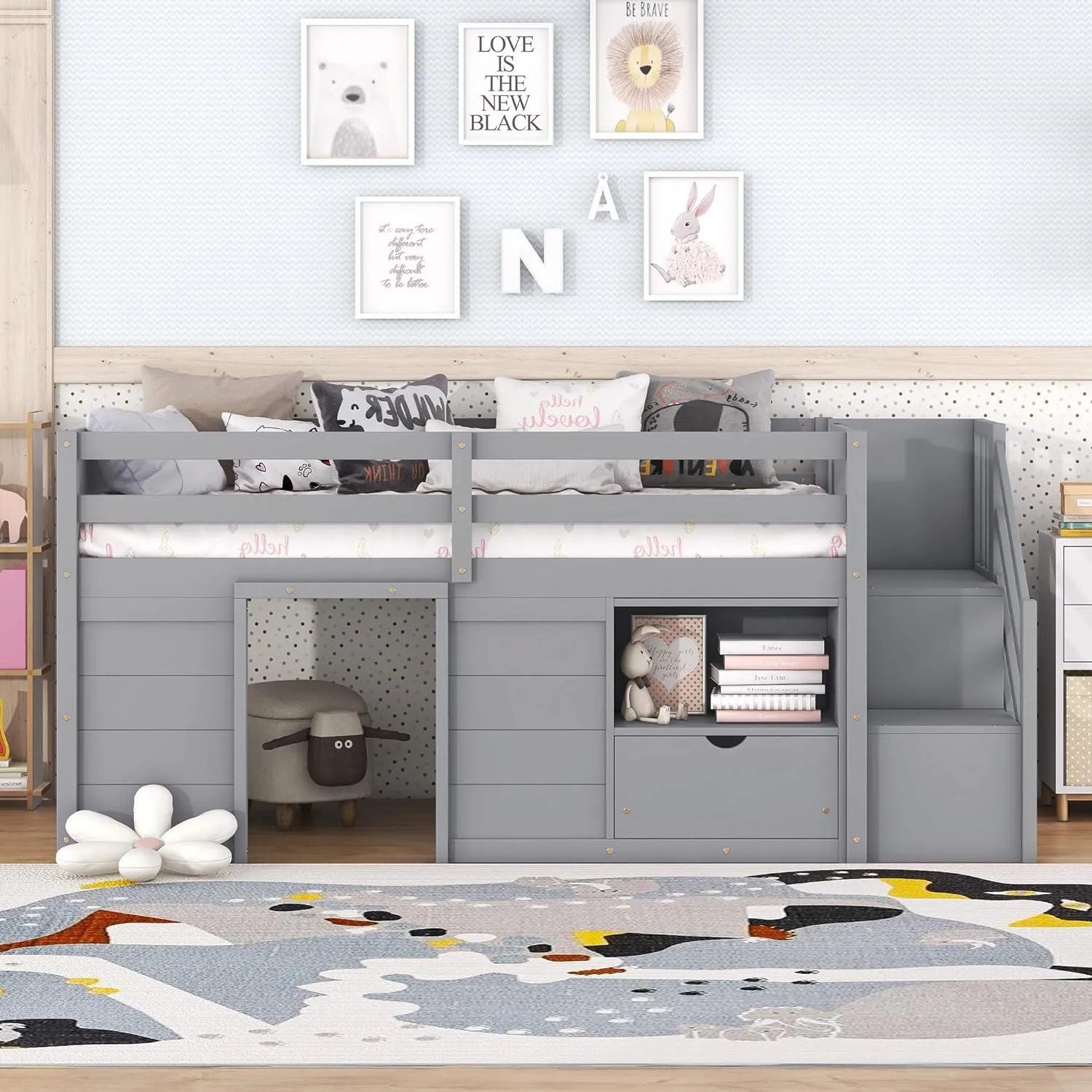 Bellemave Twin Size Low loft Bed for Kids,Wood Loft Beds,Modern Farmhouse Twin loft Bed,Loft Bed with Storage, No Box Spring Needed,for Kids,Gray