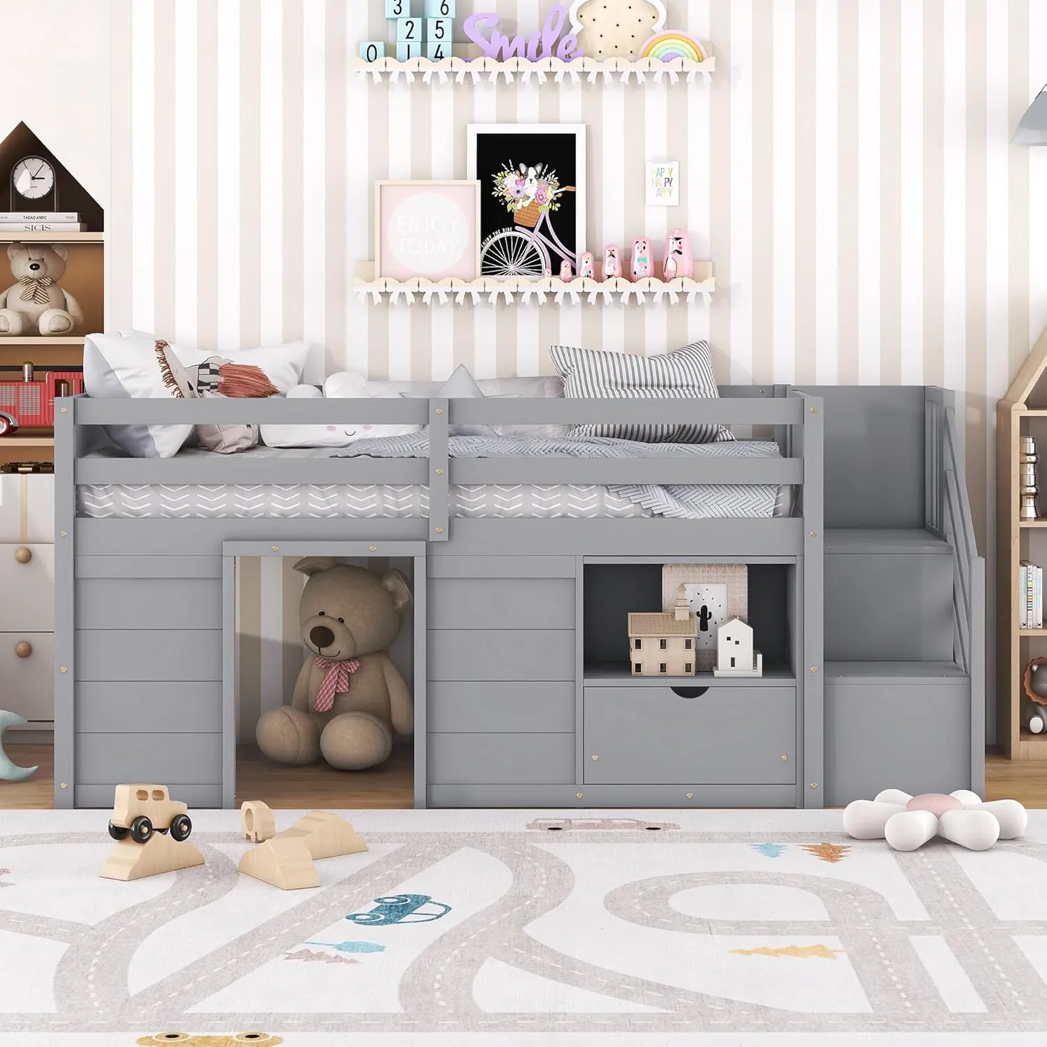Bellemave Twin Size Low loft Bed for Kids,Wood Loft Beds,Modern Farmhouse Twin loft Bed,Loft Bed with Storage, No Box Spring Needed,for Kids,Gray