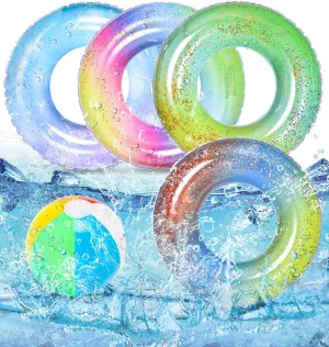 Bennol 4 PCS Swimming Rings with 1 Beach Ball Inflatable Pool Floats for Kids Adults 32.5'' Fruits Pool Floaties Rings Tube Toys for Summer Beach Water Float Party, Swimming Pool, Ocean, Beach Time