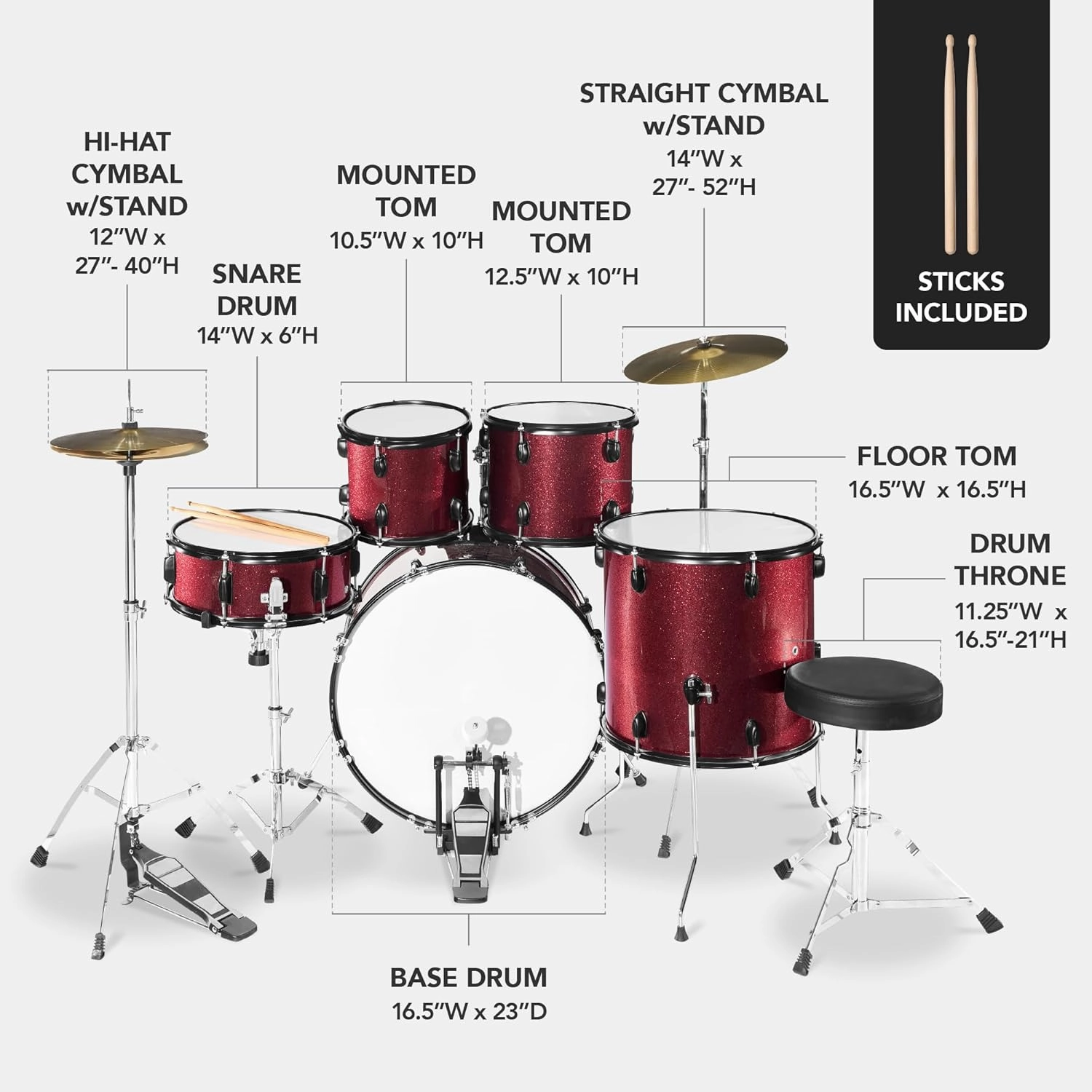 Best Choice Products 5-Piece Full Size Complete Adult Drum Set w/Cymbal Stands, Stool, Drum Pedal, Sticks, Floor Tom - Red Sparkle