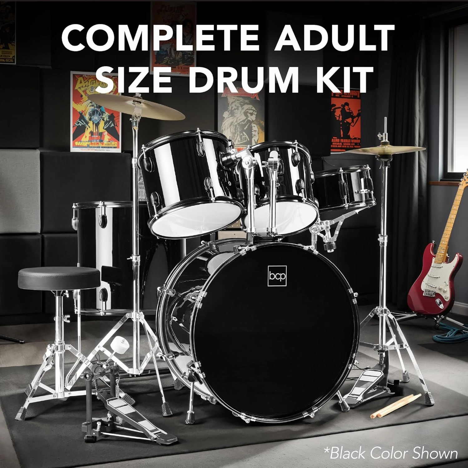 Best Choice Products 5-Piece Full Size Complete Adult Drum Set w/Cymbal Stands, Stool, Drum Pedal, Sticks, Floor Tom - Red Sparkle