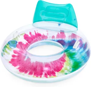 Bestway Large Swimming Ring | 46” Inflatable Pool Float with Headrest & Cup Holder, Retro Tie Dye Design