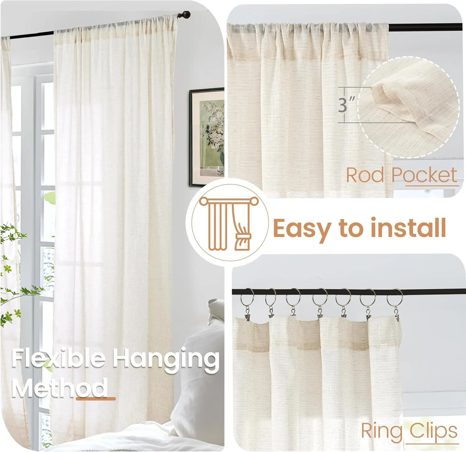 BGment Beige Linen Curtains 84 Inch Length for Living Room - Cream Semi Sheer Drapes Light Filtering with Rod Pocket for Bedroom Dining Country Lightweight, 2 Panels, Each Panel 52 Inch Wide