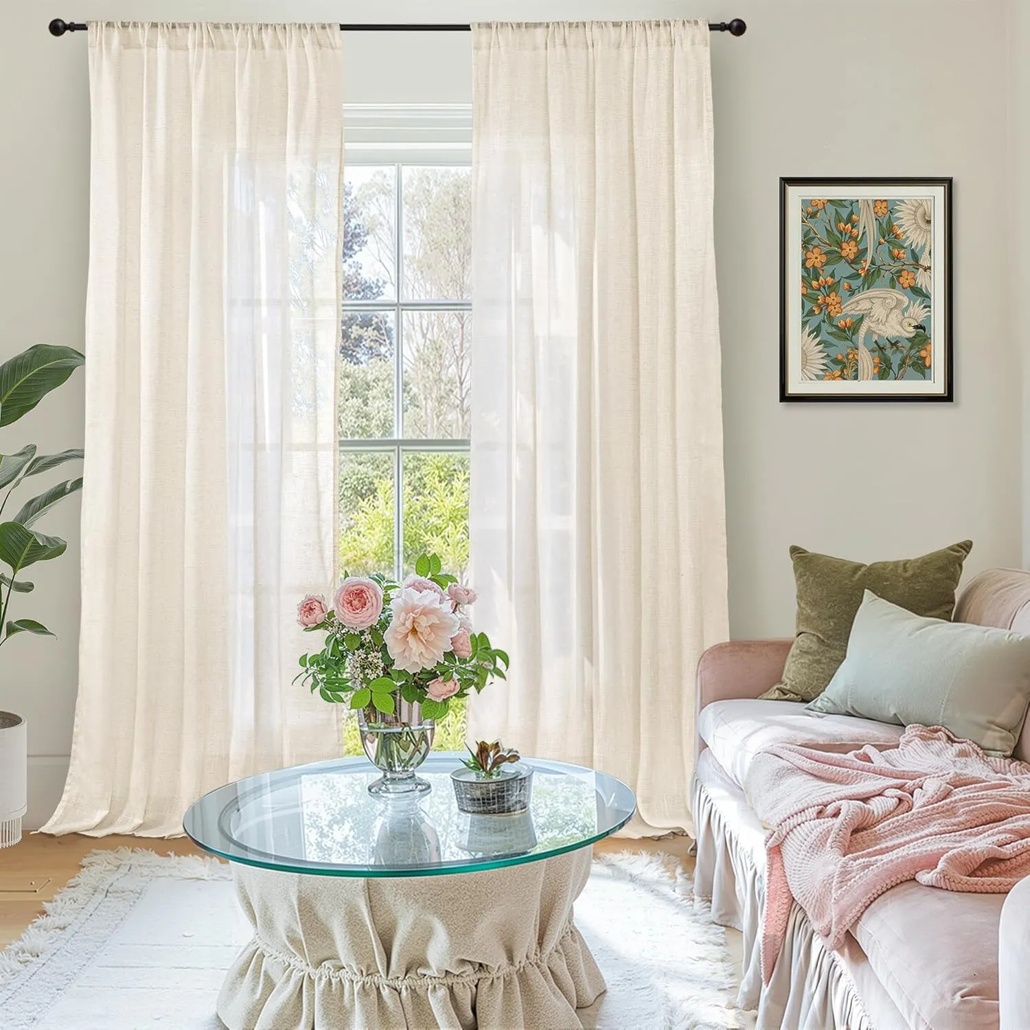 BGment Beige Linen Curtains 84 Inch Length for Living Room - Cream Semi Sheer Drapes Light Filtering with Rod Pocket for Bedroom Dining Country Lightweight, 2 Panels, Each Panel 52 Inch Wide