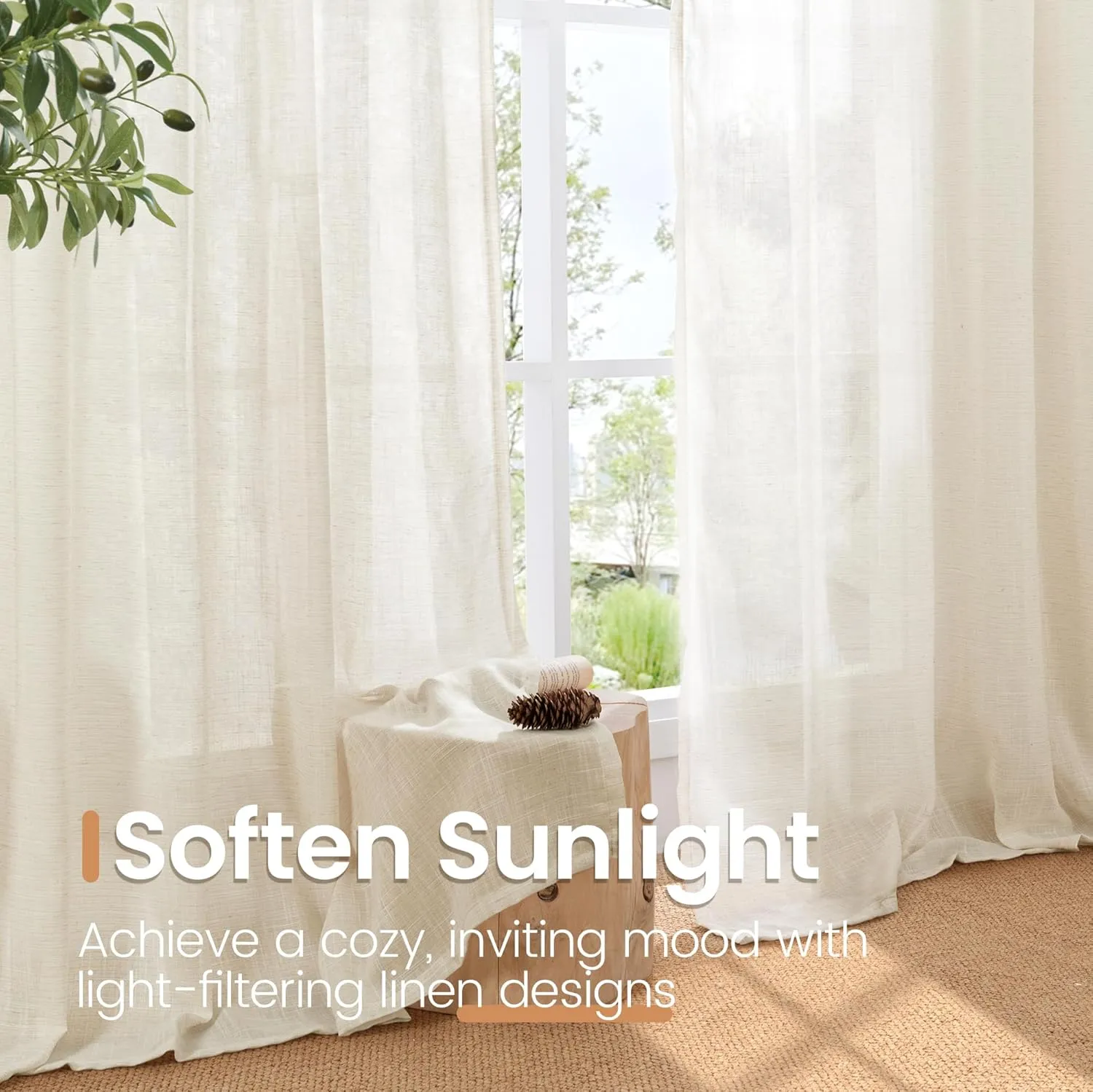 BGment Beige Linen Curtains 84 Inch Length for Living Room - Cream Semi Sheer Drapes Light Filtering with Rod Pocket for Bedroom Dining Country Lightweight, 2 Panels, Each Panel 52 Inch Wide