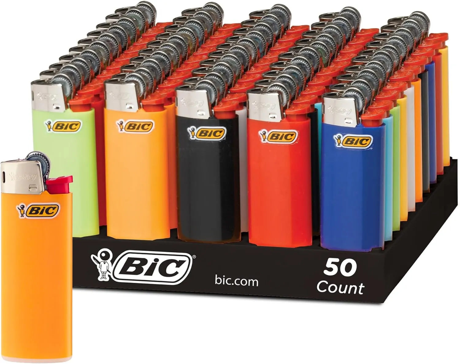BIC Mini Pocket Lighters, Assorted Bright Colors, 50-Count Tray, Safe and Reliable Child-Resistant Lighters