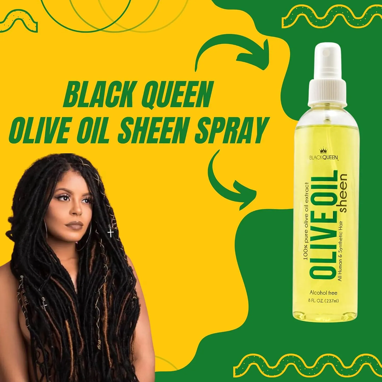 Black Queen Olive Oil Sheen Spray for Locs, Dreadlocks, Twists, Braids, Cornrows, 4C Hair - Moisturizing, Refreshing - 8 oz- Made in the USA (Pack of 2)