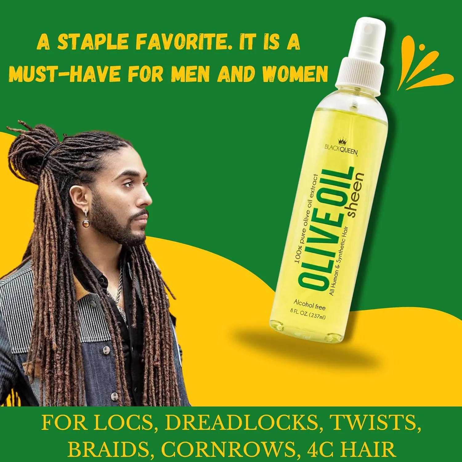 Black Queen Olive Oil Sheen Spray for Locs, Dreadlocks, Twists, Braids, Cornrows, 4C Hair - Moisturizing, Refreshing - 8 oz- Made in the USA (Pack of 2)