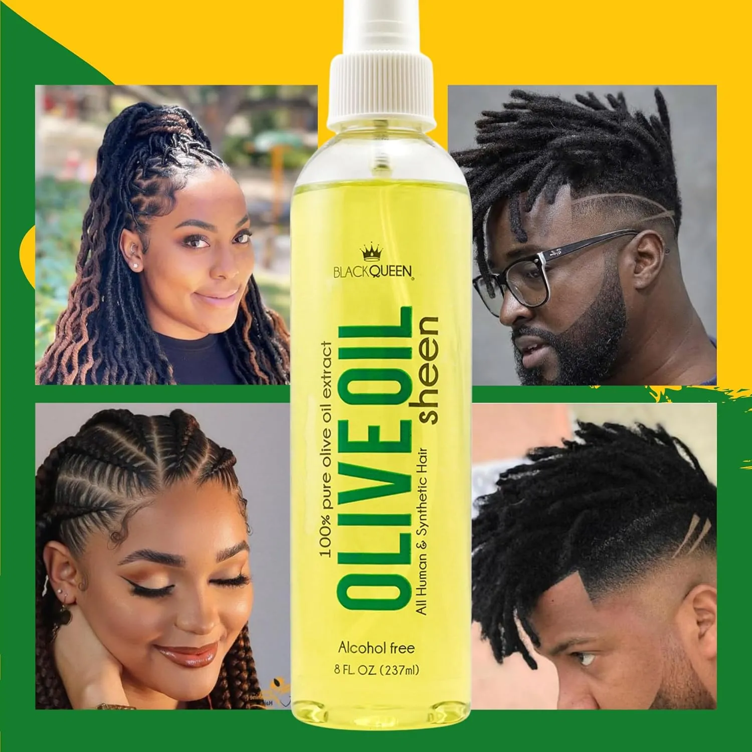 Black Queen Olive Oil Sheen Spray for Locs, Dreadlocks, Twists, Braids, Cornrows, 4C Hair - Moisturizing, Refreshing - 8 oz- Made in the USA (Pack of 2)