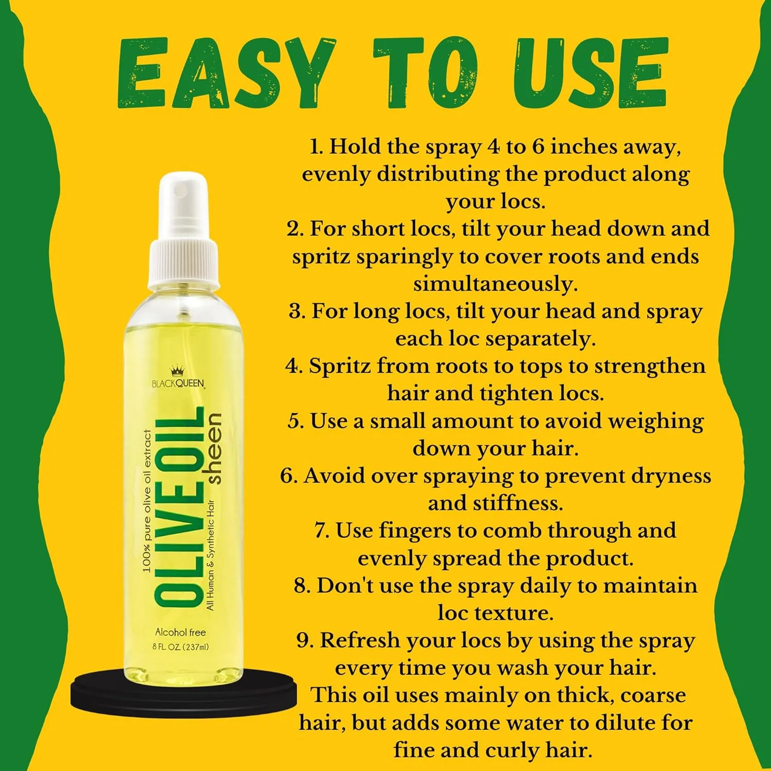 Black Queen Olive Oil Sheen Spray for Locs, Dreadlocks, Twists, Braids, Cornrows, 4C Hair - Moisturizing, Refreshing - 8 oz- Made in the USA (Pack of 2)