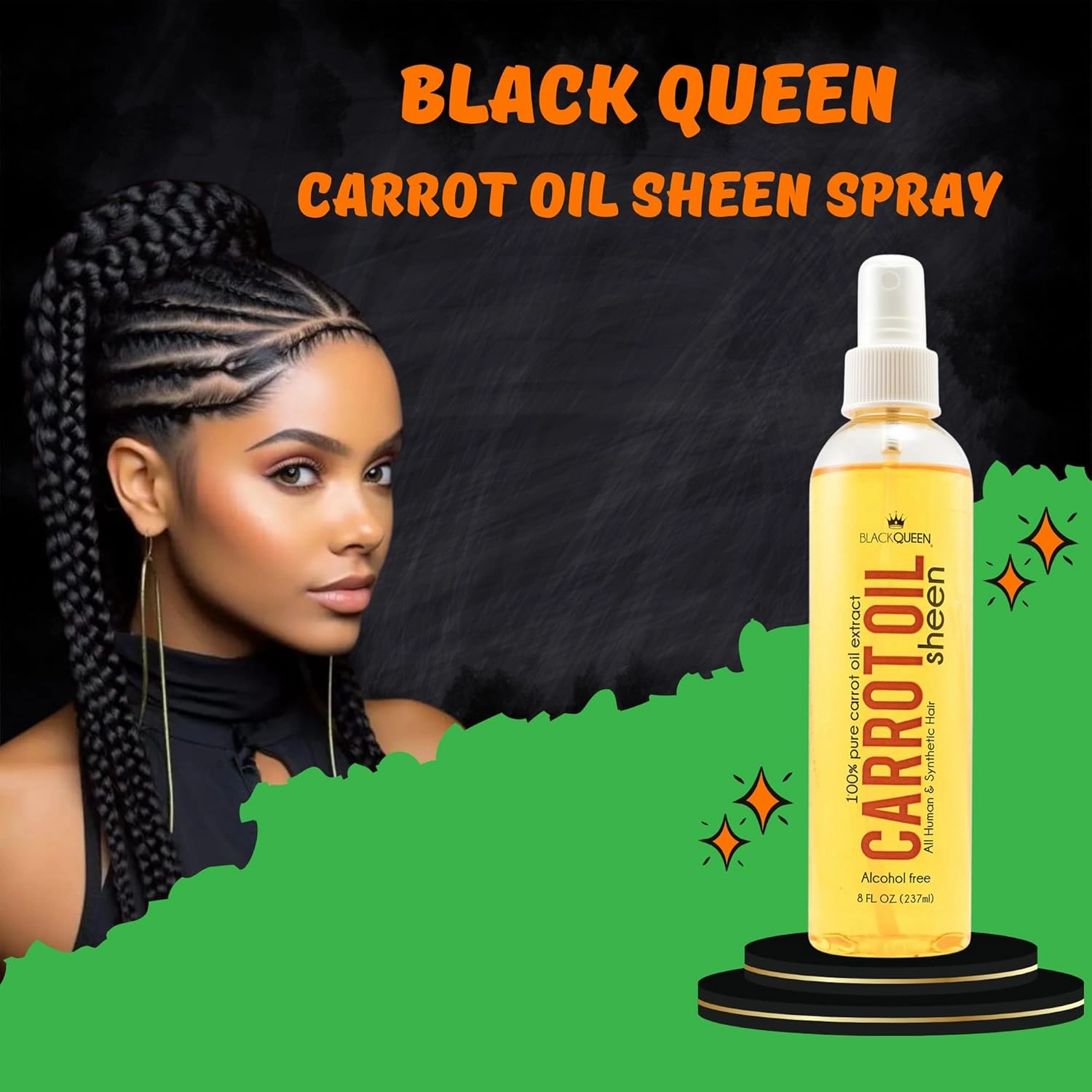Black Queen Carrot Oil Sheen Spray - Vibrant Shine for 4C Hair, Locs, Braids, Twists - Lightweight, USA-Made, 8 oz