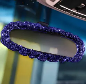 Bling Charm Car Rearview Mirror Elastic Decorative Cover with Shiny Rhinestones for Women Universal Fit (Blue))