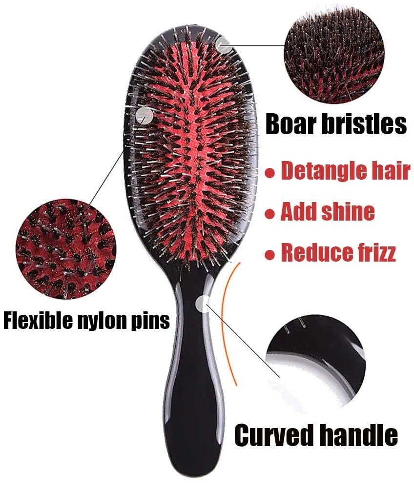 Boar Bristle Detangling Paddle Brush and Comb Set for Curly Fine Wavy Natural Tangled Hair, Anti-frizz Styling Hairbrush for Women Men, Boar Nylon Bristle Cushioned Brush