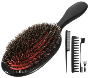 Boar Bristle Detangling Paddle Brush and Comb Set for Curly Fine Wavy Natural Tangled Hair, Anti-frizz Styling Hairbrush for Women Men, Boar Nylon Bristle Cushioned Brush
