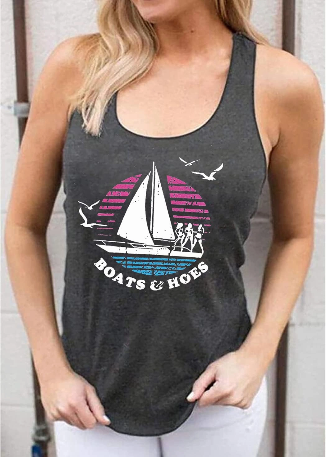 Boats and Hoes Tank Tops Women Funny Sailboat Graphic Sleeveless T-Shirt Casual Letter Print Vacation Vest Tees