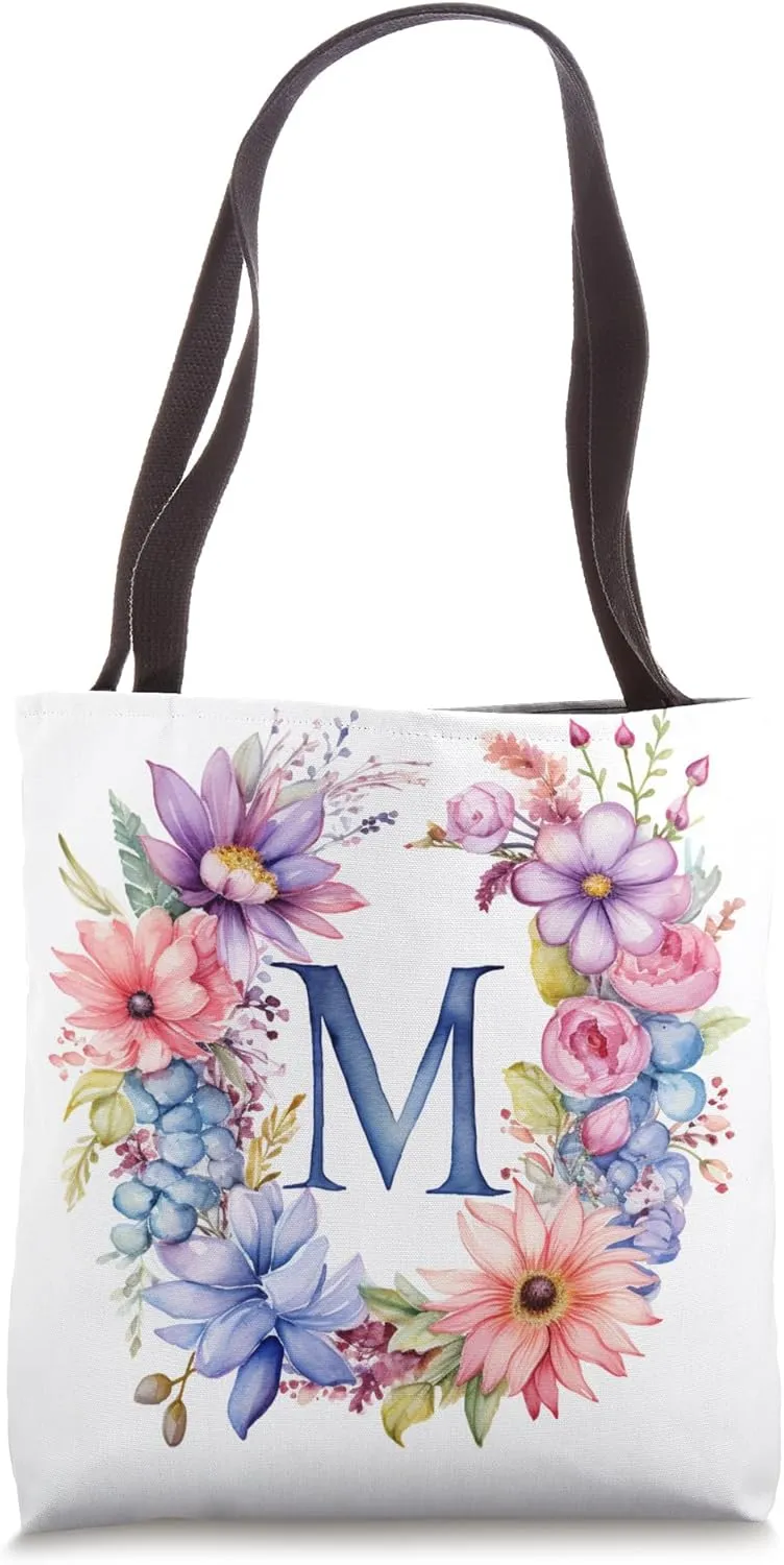 Boho Chic Floral Wreath Latter M Cute Pastel Tote Bag