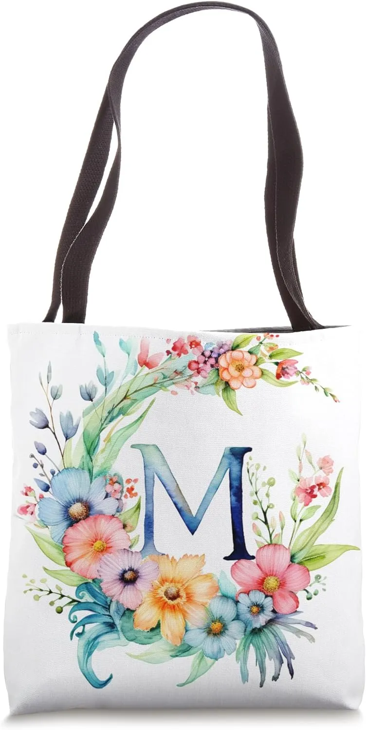 Boho Chic Floral Wreath Latter M Cute Pastel Tote Bag