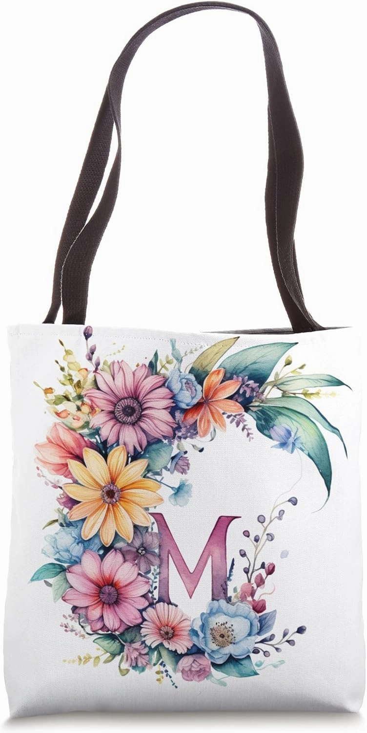 Boho Chic Floral Wreath Latter M Cute Pastel Tote Bag