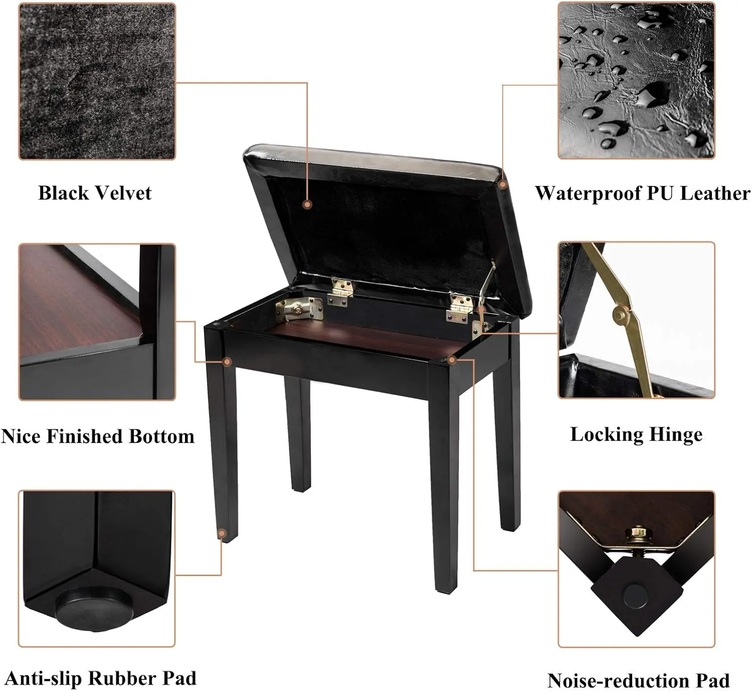 Bonnlo Padded Wooden Piano Bench with Music Storage Keyboard Stool Artist Benches Stool Tufted Seat,Black