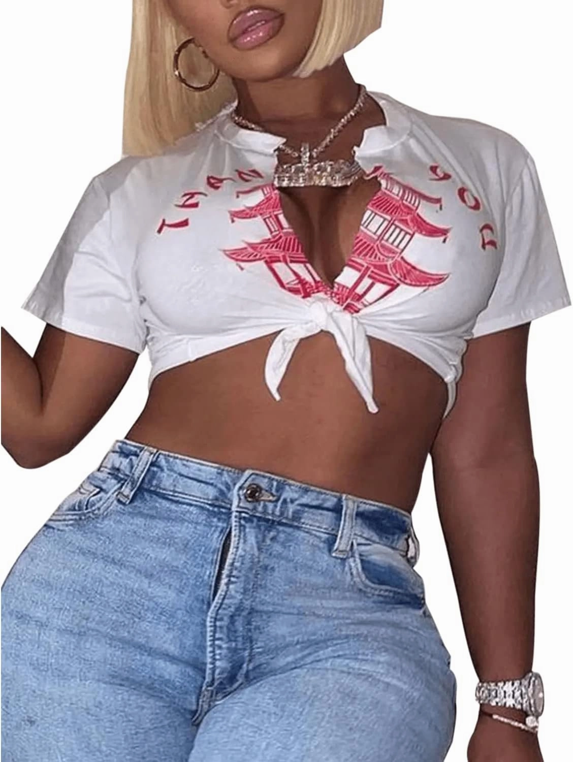 Bornpom Women Sexy Graphic Tees Low Cut V Neck Tops Short Sleeve Shirts Knot Front Tops