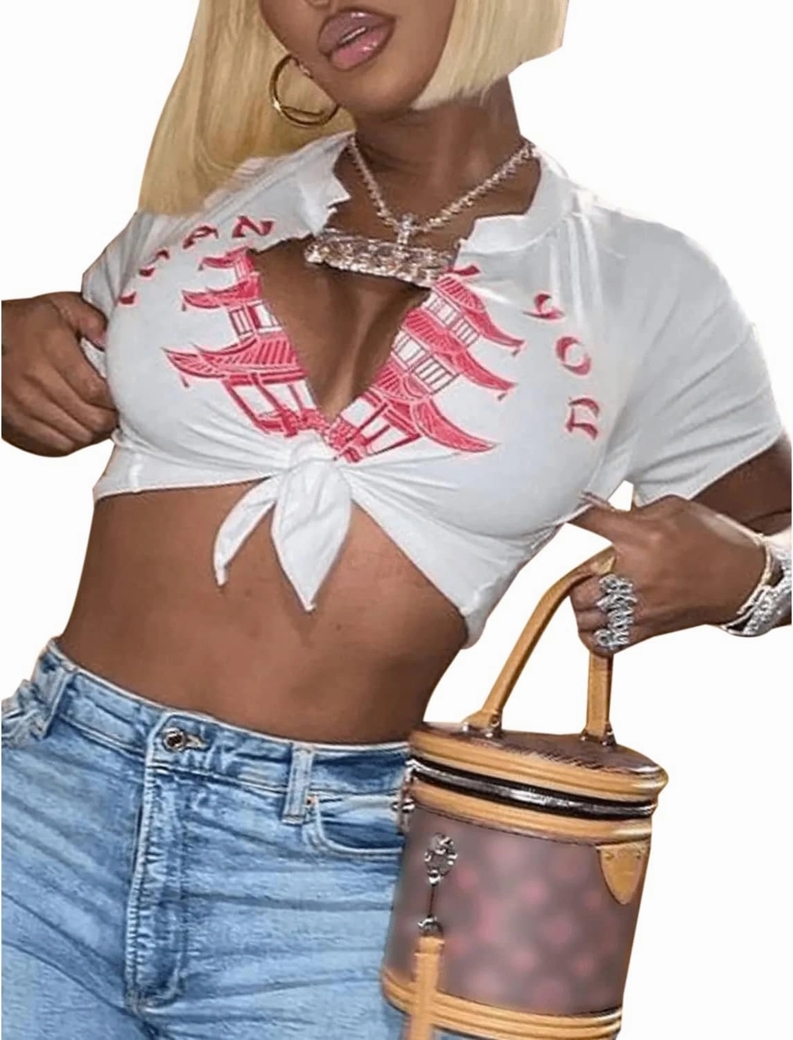 Bornpom Women Sexy Graphic Tees Low Cut V Neck Tops Short Sleeve Shirts Knot Front Tops