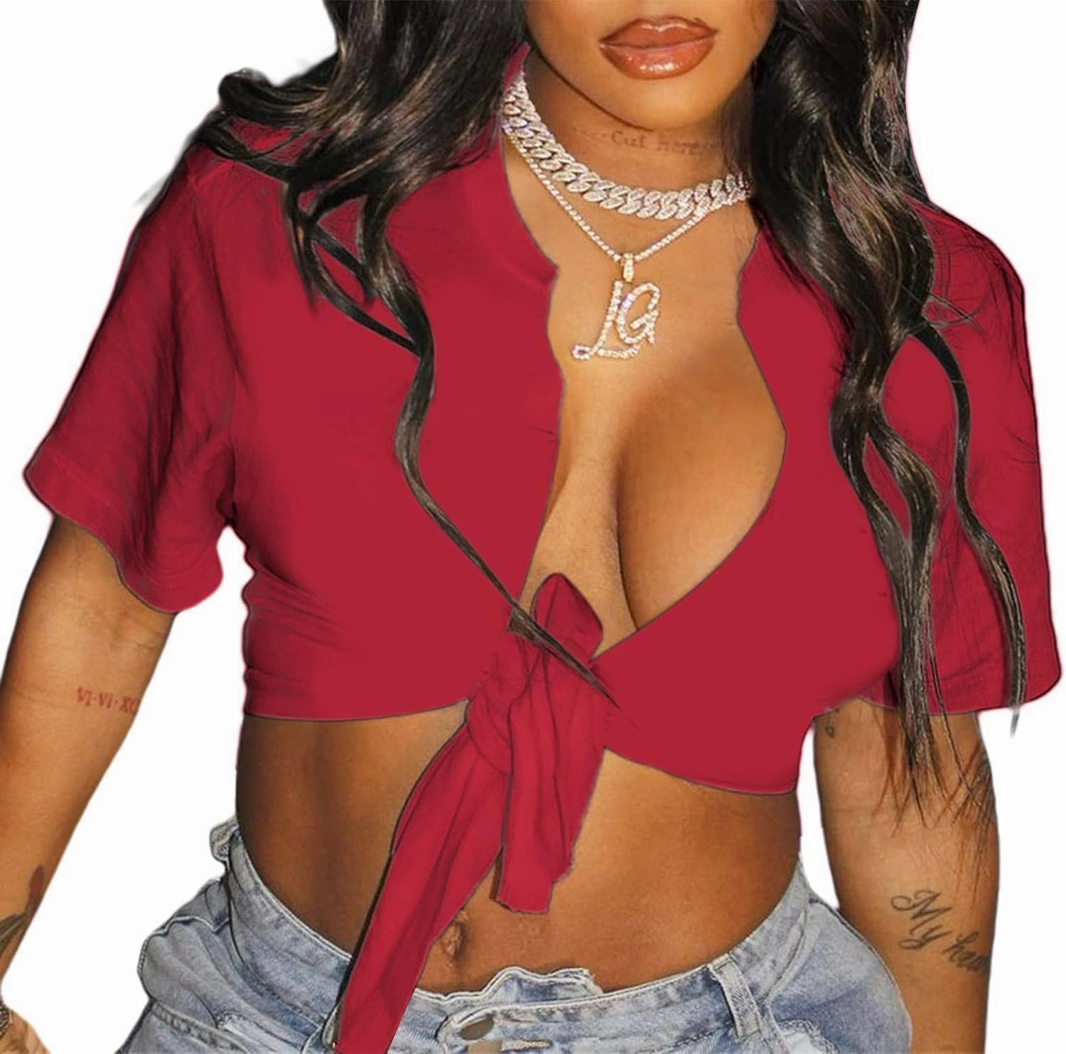 Bornpom Women Sexy Graphic Tees Low Cut V Neck Tops Short Sleeve Shirts Knot Front Tops