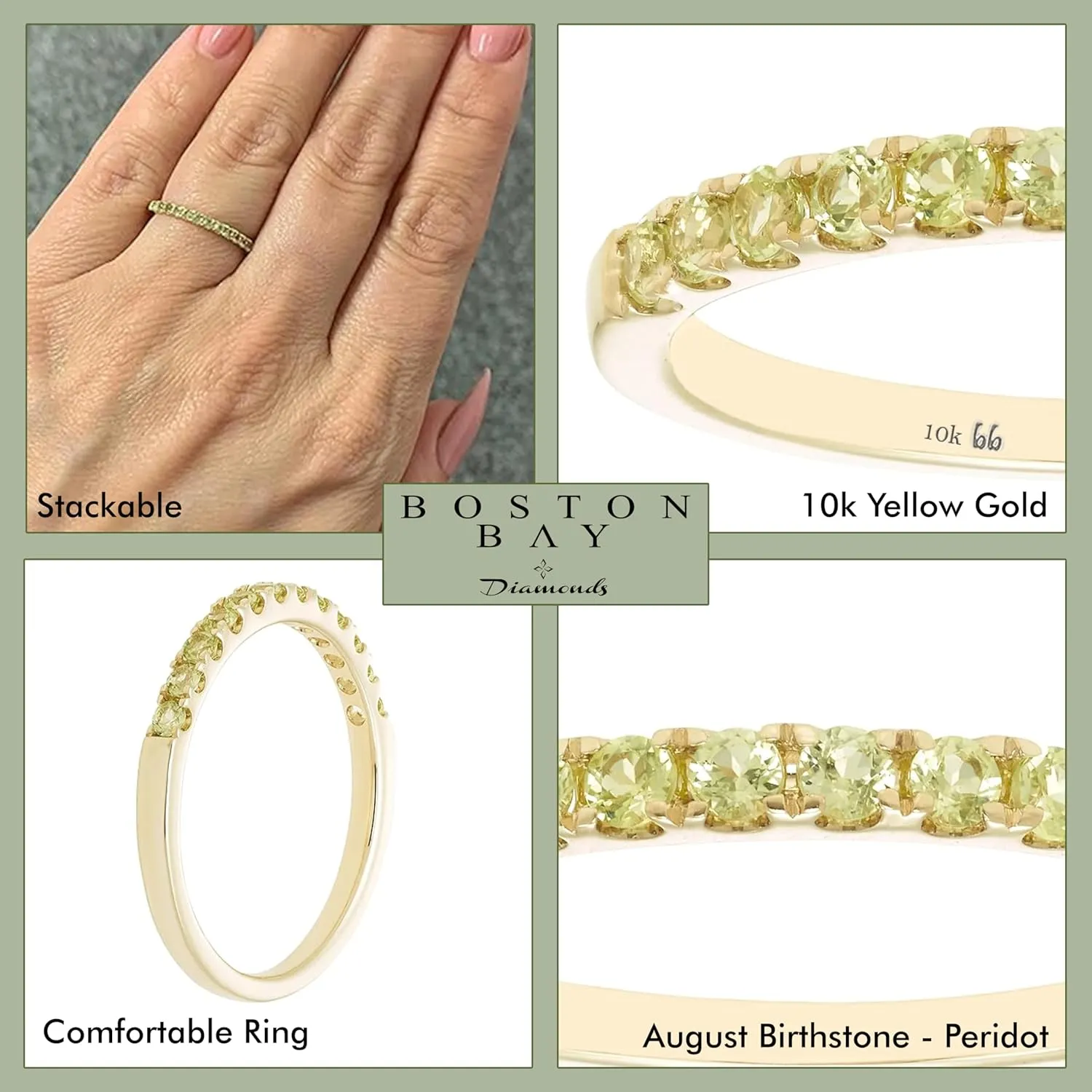 Boston Bay Diamonds 10K Gold Stackable Wedding Gemstone Anniversary Band Ring - Choice of Birthstone, Ring Size, and Yellow or White Gold