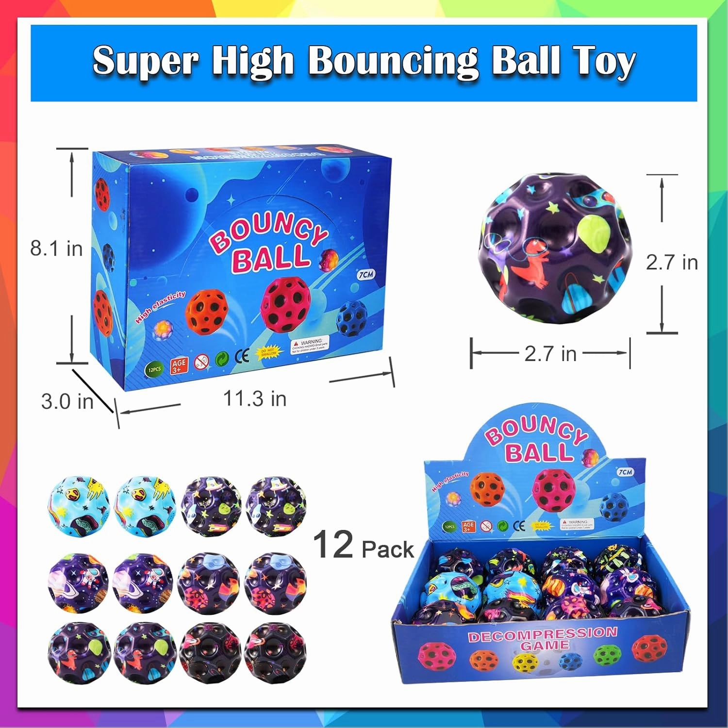 Bouncy Ball, Colorful Big Super Bouncy Astro Balls, Extreme High Bouncing Balls for Kids,Fun Kids Lightweight Foam Jump Balls for Outside, Improve Hand Eye Coordination Ability (12 Pack)