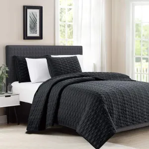 BOURINA Quilt Set Coverlet Set Quilting Bedspread 3-Piece Quilt Set Microfiber Lightweight, Queen 90 x 92 inches Black