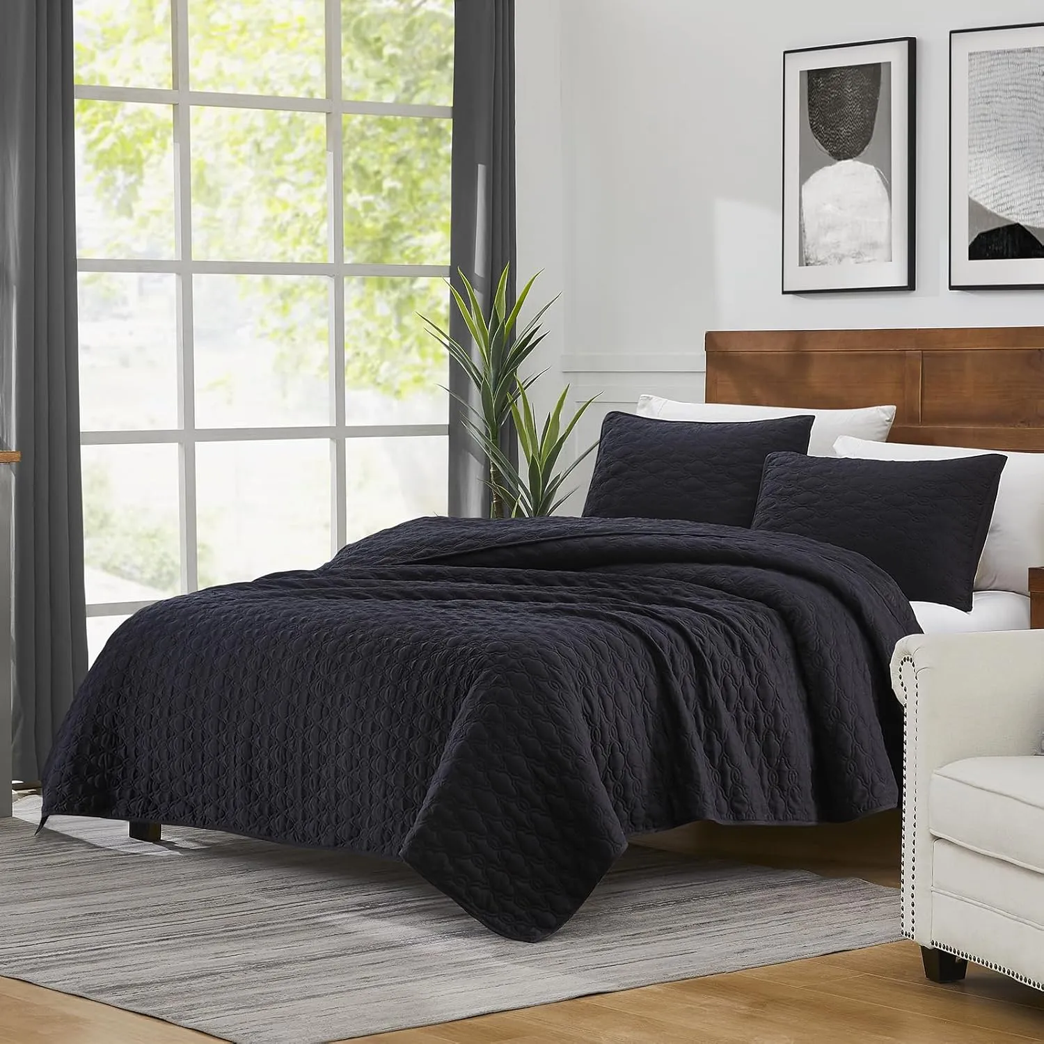 BOURINA Quilt Set Coverlet Set Quilting Bedspread 3-Piece Quilt Set Microfiber Lightweight, Queen 90 x 92 inches Black