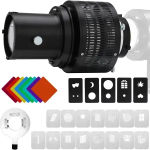 Bowens Mount Spotlight Conical Optical Snoot kit, Photography Studio Lighting Accessory with 20 Gobos(25 Patterns)& 8 Color Filters Compatible for Aputure Amaran,Godox LED Video Speedlite Light