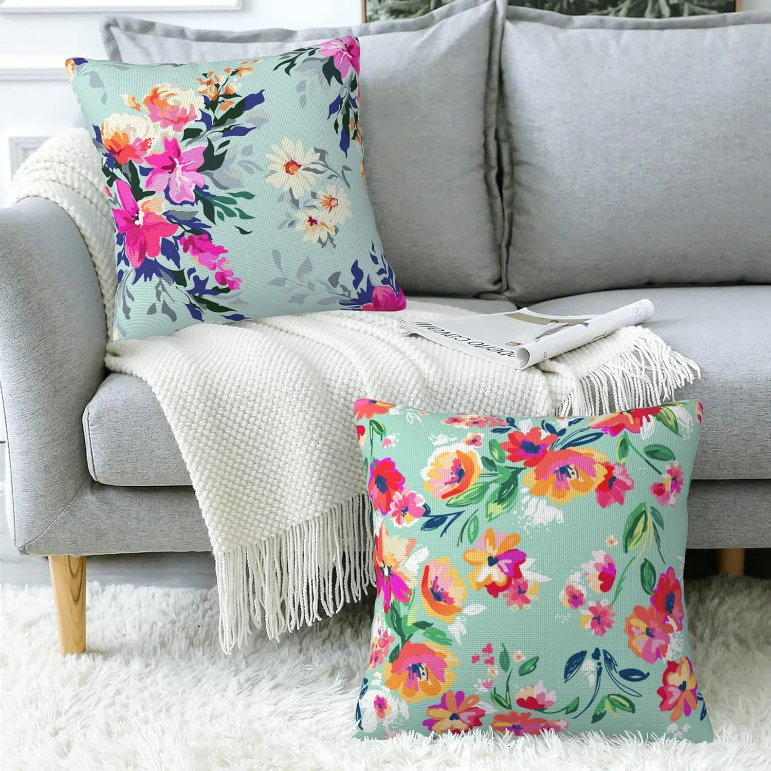 Bright Floral Throw Pillow Cover Case Pretty Flowers Throw Pillows Set of 2 Super Soft Pillow Covers 18x18 Inches Farmhouse Home Decor for Living Room Bedroom Sofa Couch Cushion Cover