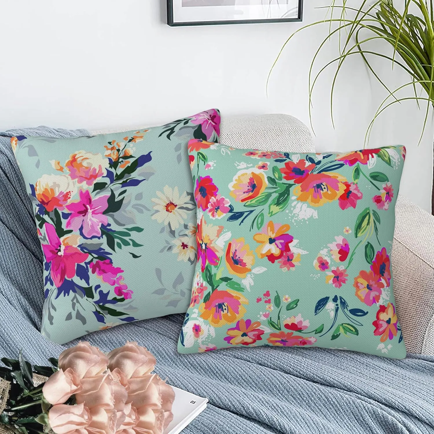 Bright Floral Throw Pillow Cover Case Pretty Flowers Throw Pillows Set of 2 Super Soft Pillow Covers 18x18 Inches Farmhouse Home Decor for Living Room Bedroom Sofa Couch Cushion Cover