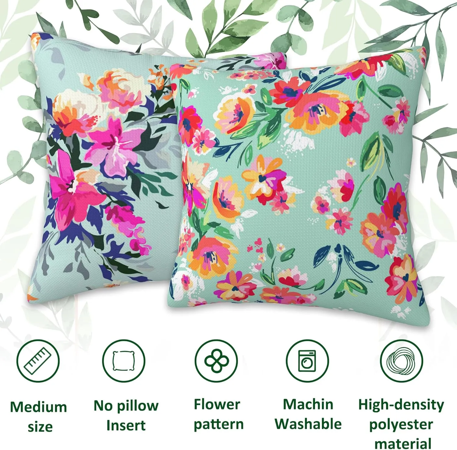 Bright Floral Throw Pillow Cover Case Pretty Flowers Throw Pillows Set of 2 Super Soft Pillow Covers 18x18 Inches Farmhouse Home Decor for Living Room Bedroom Sofa Couch Cushion Cover