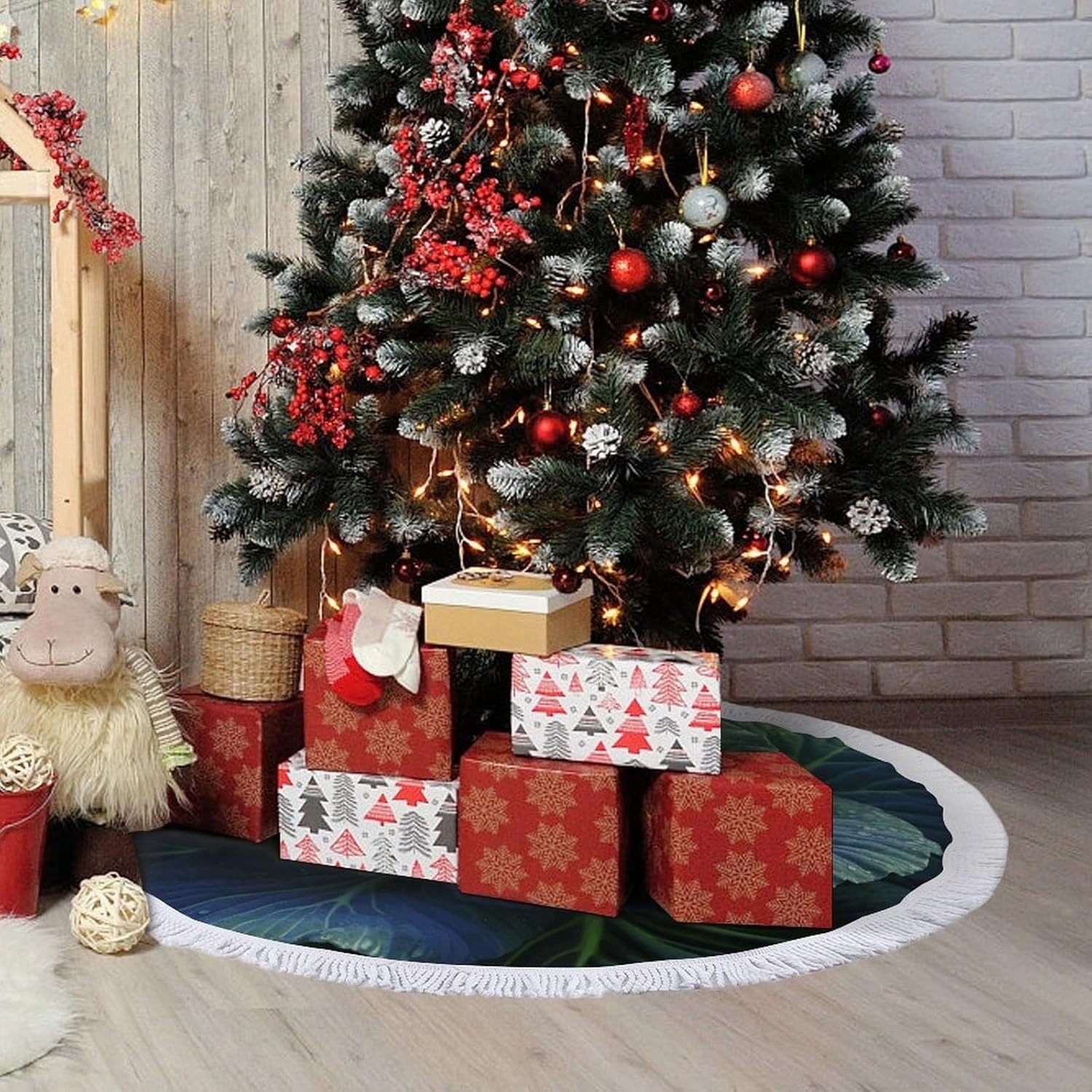 Bright Cabbage Christmas Tree Skirt 48"x48" Winter Holiday Tree Mat for Christmas Tree Decorations Thickened Christmas Tree Collar with Tassel for Farmhouse Home Christmas Decorations