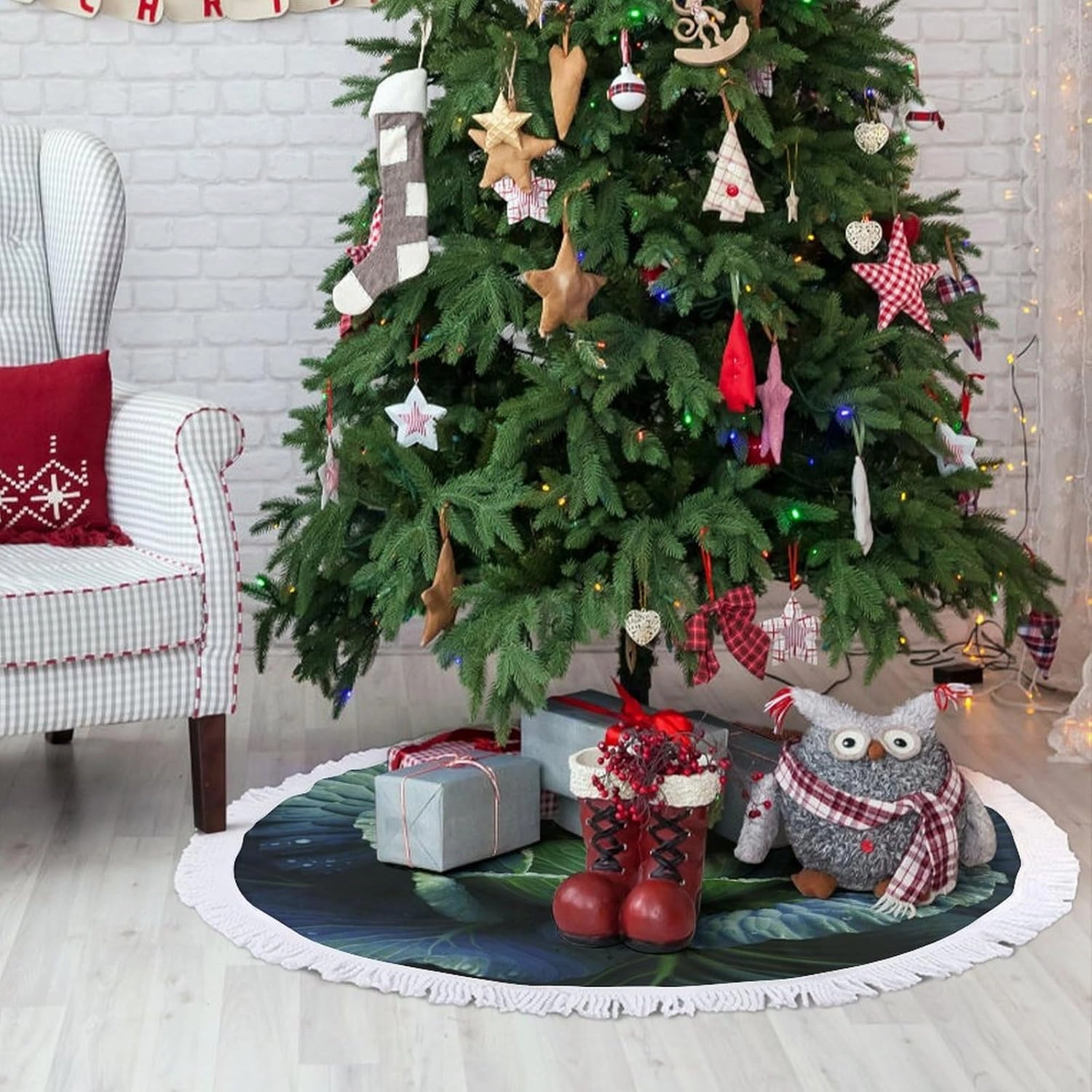 Bright Cabbage Christmas Tree Skirt 48"x48" Winter Holiday Tree Mat for Christmas Tree Decorations Thickened Christmas Tree Collar with Tassel for Farmhouse Home Christmas Decorations