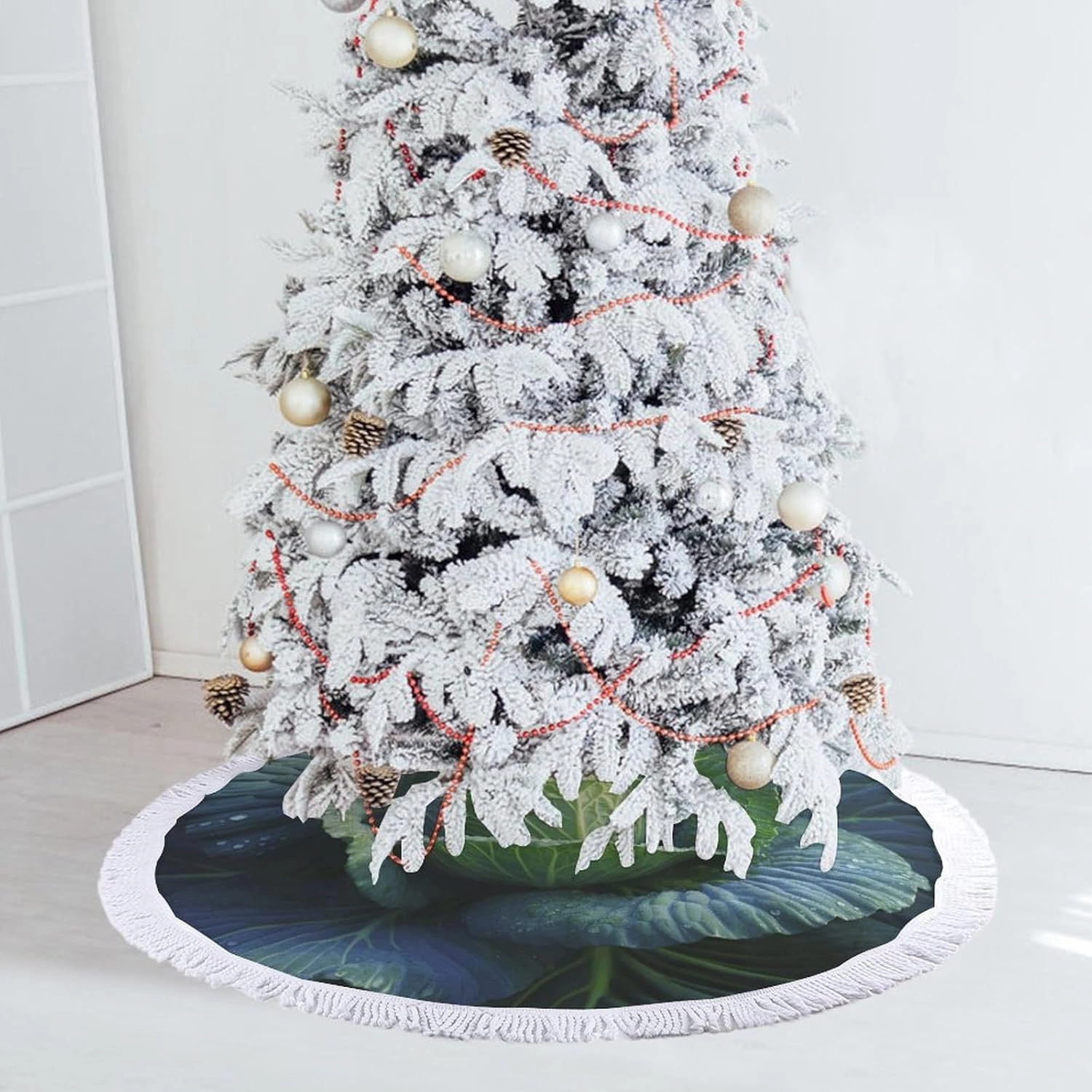 Bright Cabbage Christmas Tree Skirt 48"x48" Winter Holiday Tree Mat for Christmas Tree Decorations Thickened Christmas Tree Collar with Tassel for Farmhouse Home Christmas Decorations