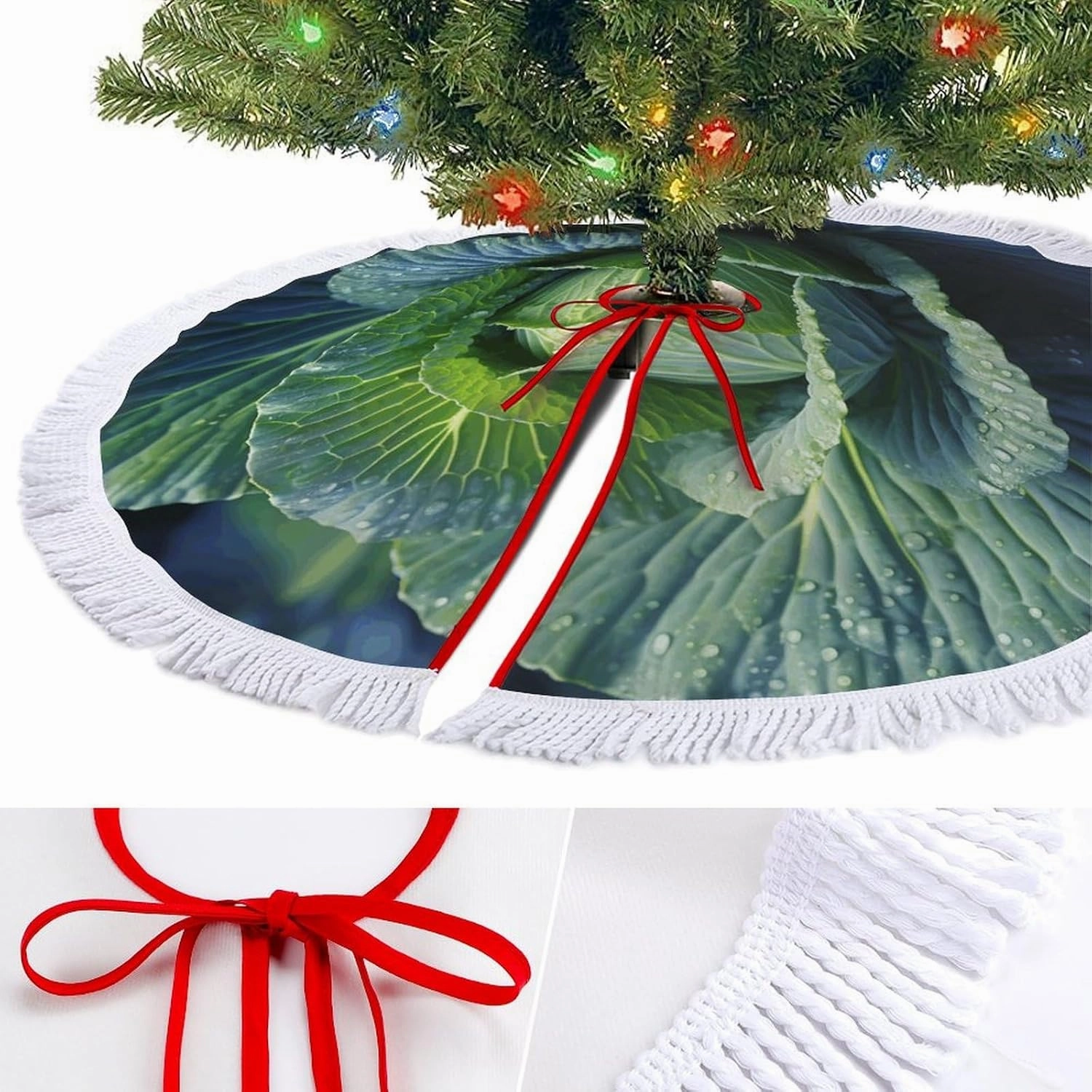 Bright Cabbage Christmas Tree Skirt 48"x48" Winter Holiday Tree Mat for Christmas Tree Decorations Thickened Christmas Tree Collar with Tassel for Farmhouse Home Christmas Decorations