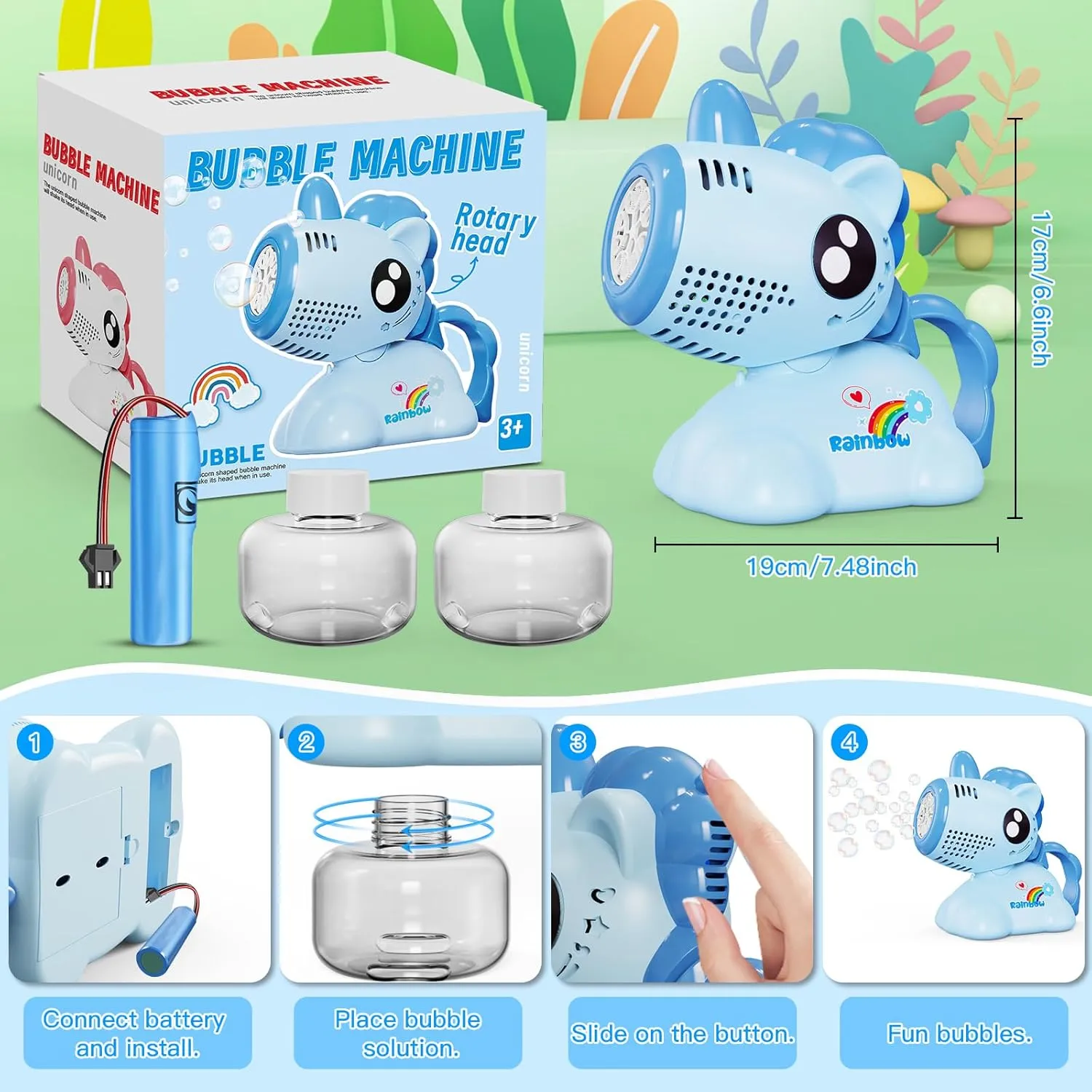 Bubble Machine for Kids, Automatic Oscillating Bubble Machine Light Up Portable Bubble Maker Toys with 10000  Bubbles/Rechargeable Battery/2 Solution for Outdoor Party Wedding-Blue