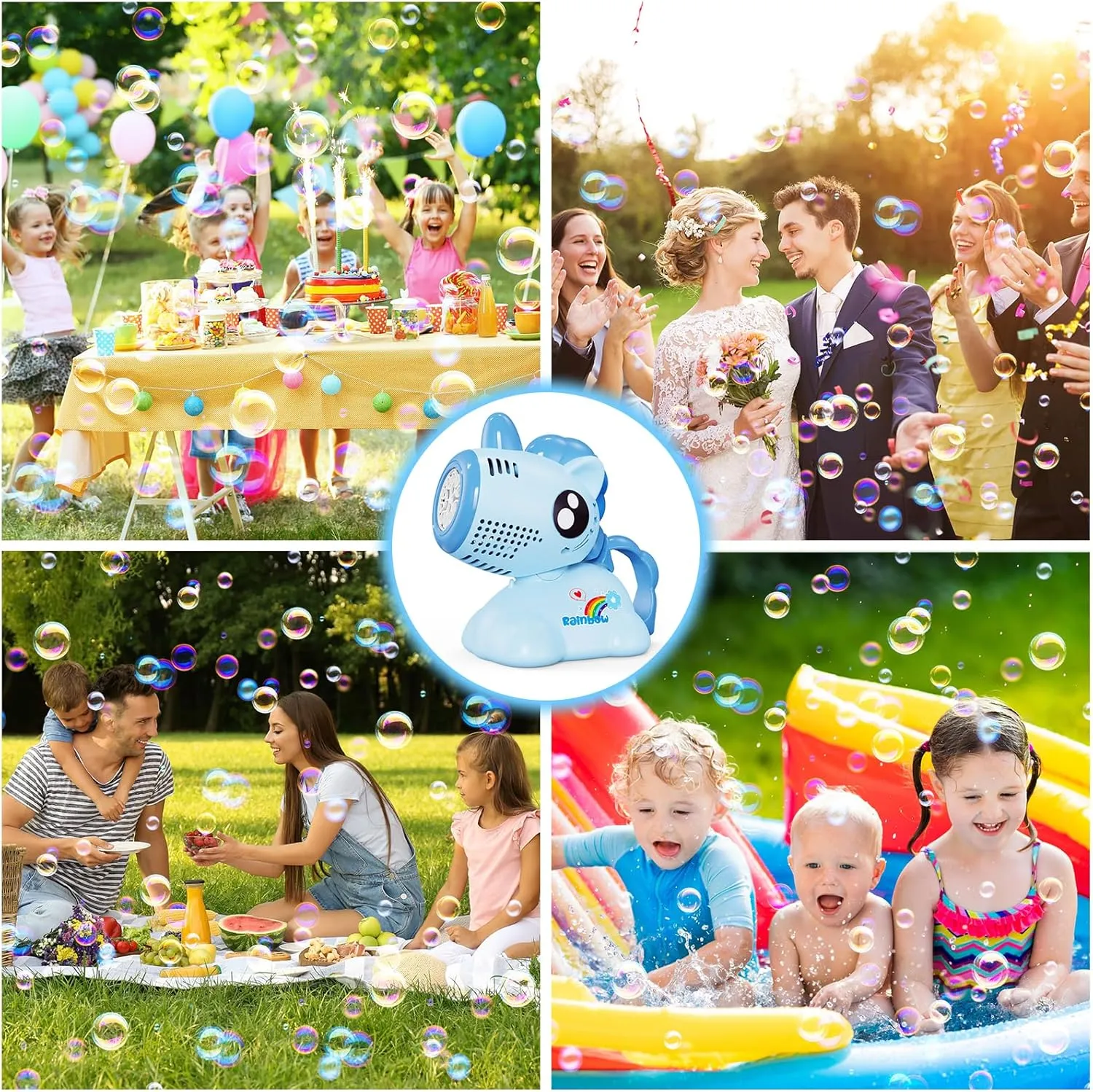 Bubble Machine for Kids, Automatic Oscillating Bubble Machine Light Up Portable Bubble Maker Toys with 10000  Bubbles/Rechargeable Battery/2 Solution for Outdoor Party Wedding-Blue