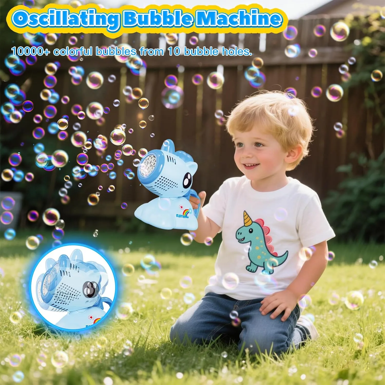 Bubble Machine for Kids, Automatic Oscillating Bubble Machine Light Up Portable Bubble Maker Toys with 10000  Bubbles/Rechargeable Battery/2 Solution for Outdoor Party Wedding-Blue
