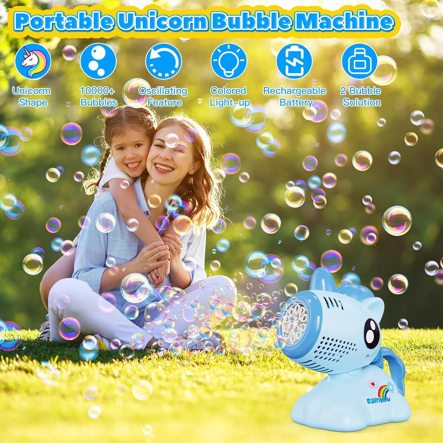 Bubble Machine for Kids, Automatic Oscillating Bubble Machine Light Up Portable Bubble Maker Toys with 10000  Bubbles/Rechargeable Battery/2 Solution for Outdoor Party Wedding-Blue
