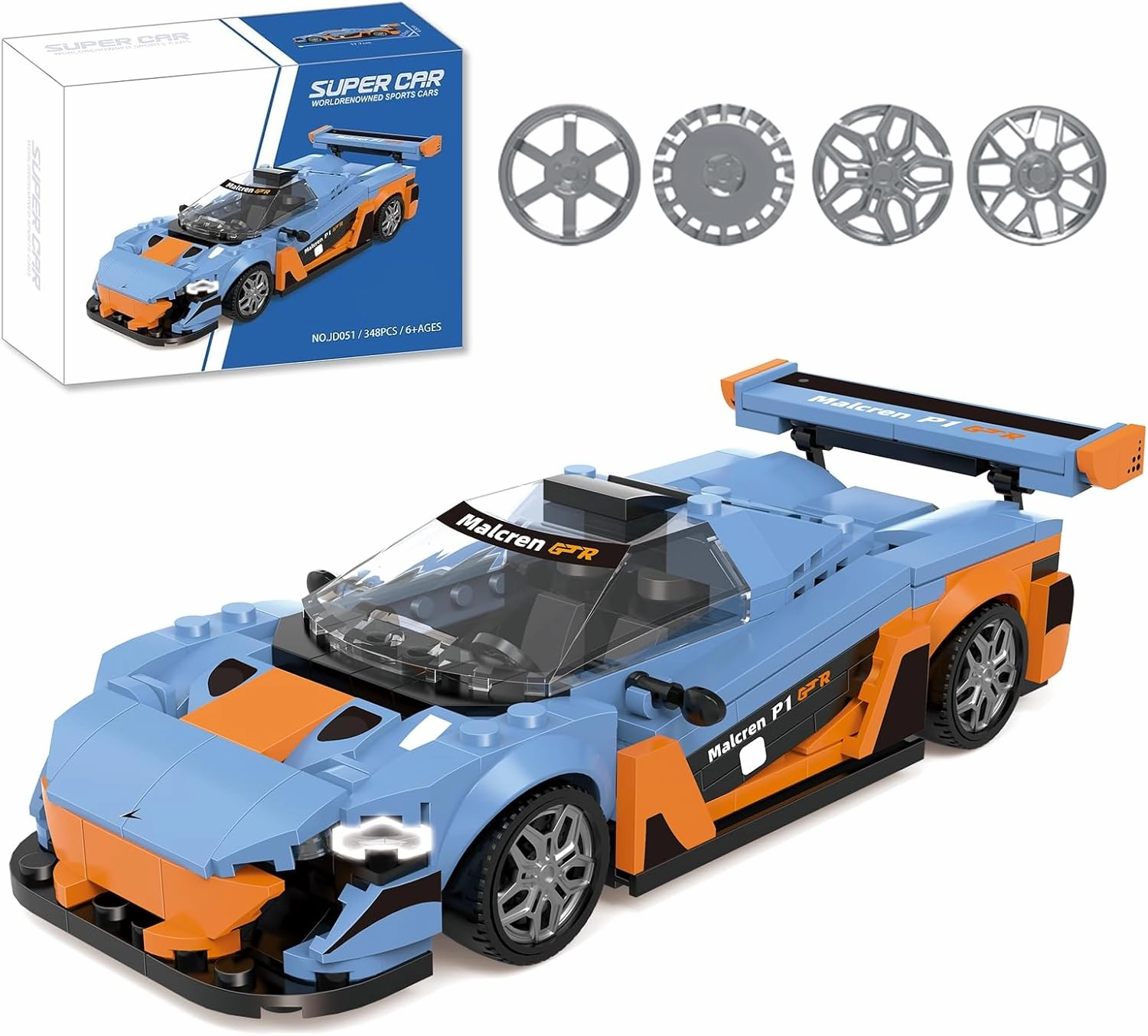 Building-Set Race-Car, Gulf Style Sports Cars Technical Model Kit with 4 Swappable Wheel Rims, Block Birthday Gift Toy for Boy Teen Adult Age 8-12 Year Kid 6 , DIY Speed Display Icons