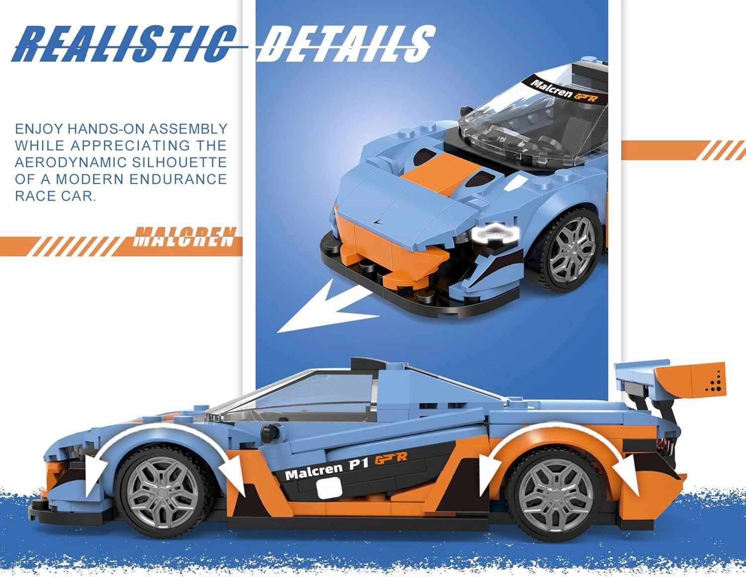 Building-Set Race-Car, Gulf Style Sports Cars Technical Model Kit with 4 Swappable Wheel Rims, Block Birthday Gift Toy for Boy Teen Adult Age 8-12 Year Kid 6 , DIY Speed Display Icons