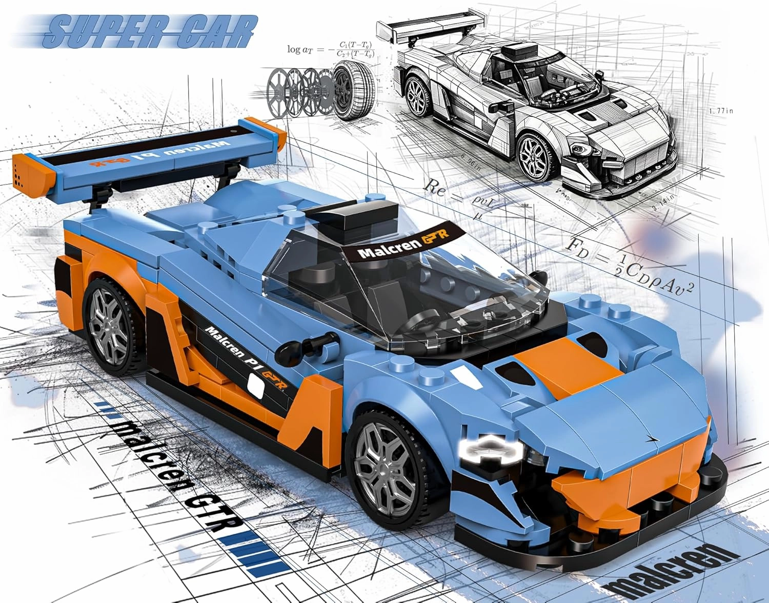 Building-Set Race-Car, Gulf Style Sports Cars Technical Model Kit with 4 Swappable Wheel Rims, Block Birthday Gift Toy for Boy Teen Adult Age 8-12 Year Kid 6 , DIY Speed Display Icons